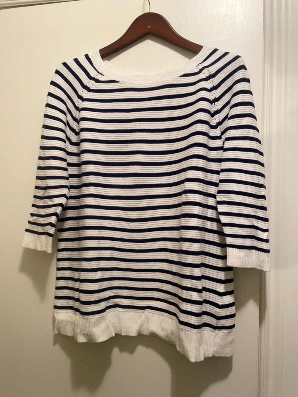 Reitmans Cream and Navy Striped Cotton Sweater, Size Large
